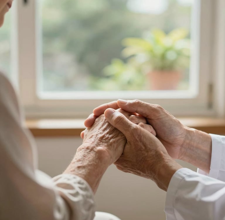 Close-up of a therapist gently holding an elderly patient's hand, warm morning light filtering through a window, soft focus garden background, 35mm