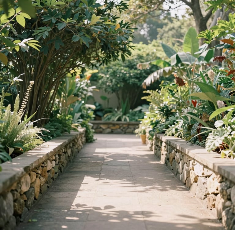 Wide shot of a serene garden pathway in morning light, lush green foliage, stone wall, soft shadows, 35mm photography