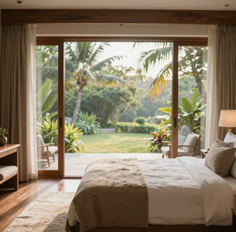 Warm editorial photography of a spacious private bedroom with large windows overlooking a serene tropical garden, soft morning daylight, natural wood furniture, 35mm