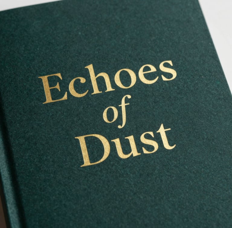 Minimalist book cover design for 'Echoes of Dust' showing a textured, dark sea-green paper background with elegant gold serif typography, soft side-lighting, realistic physical book mockup.