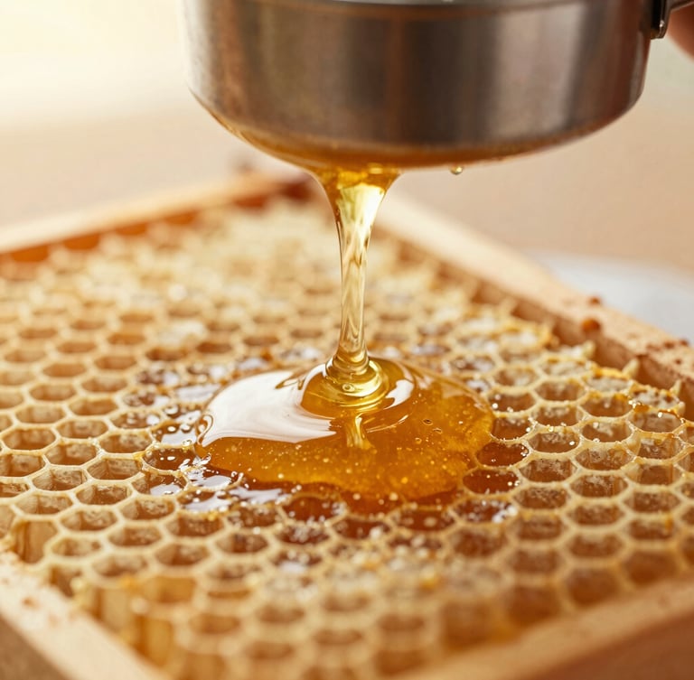 Macro close-up of raw honey slowly flowing from a honeycomb frame into a stainless steel extractor, warm golden light, shallow depth of field, highlighting viscous texture.