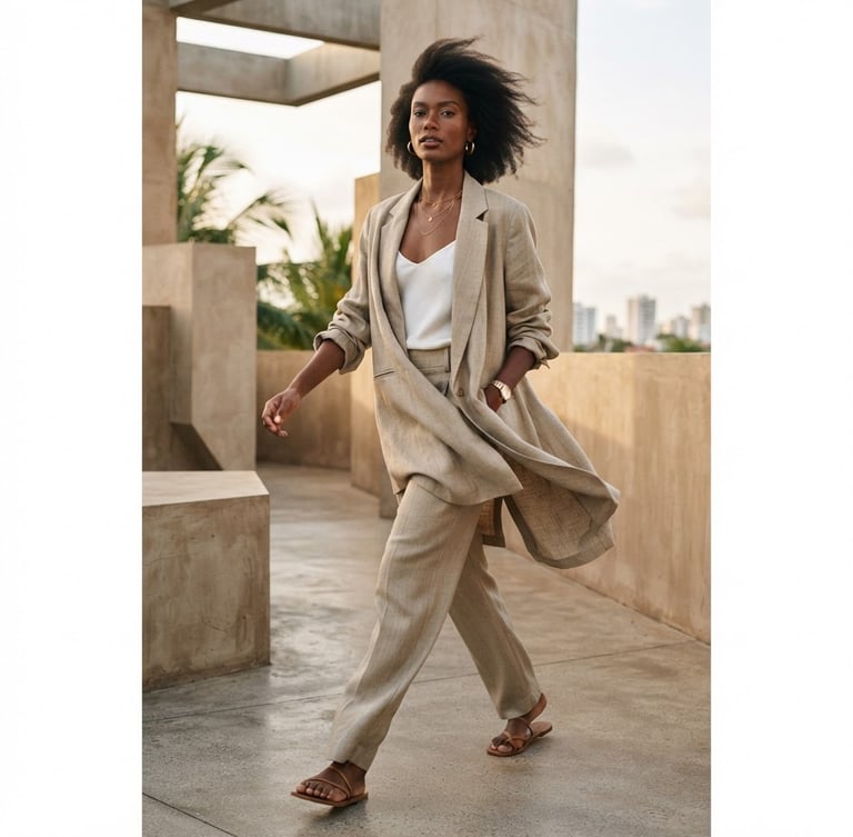Modelo em movimento vestindo blazer de corte fluido em ambiente de arquitetura moderna, luz natural suave, João Pessoa, com foco na textura do tecido e caimento da peça, 35mm lens.