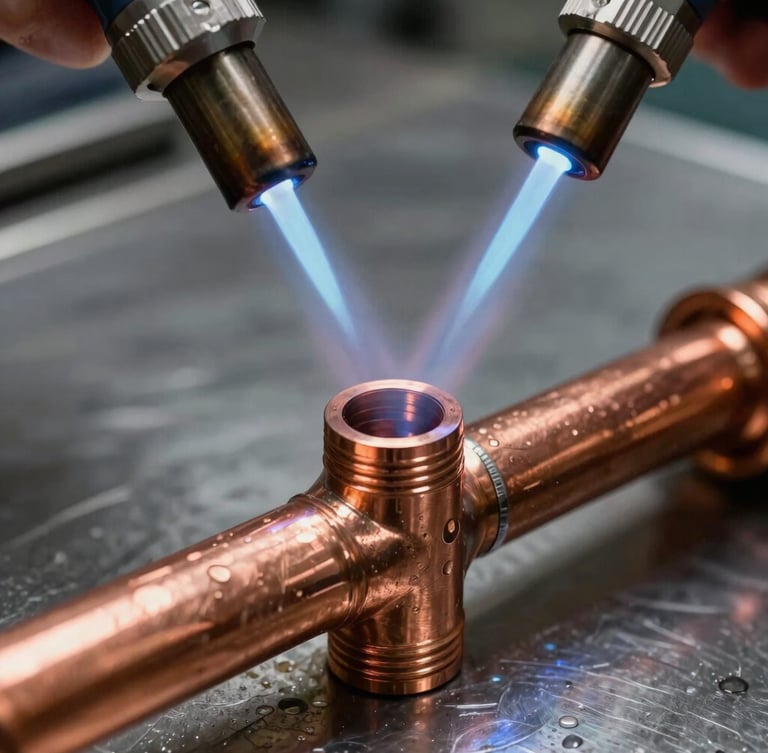 Tight macro shot of copper pipe joints being soldered with a focused blue torch flame, bright industrial lighting, high contrast, dark metallic background.