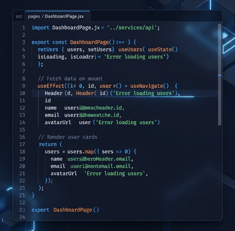 High-fidelity screenshot of a clean React code interface with syntax highlighting, set against a dark background, soft blue glowing accents, modern SaaS aesthetic, 3d render style
