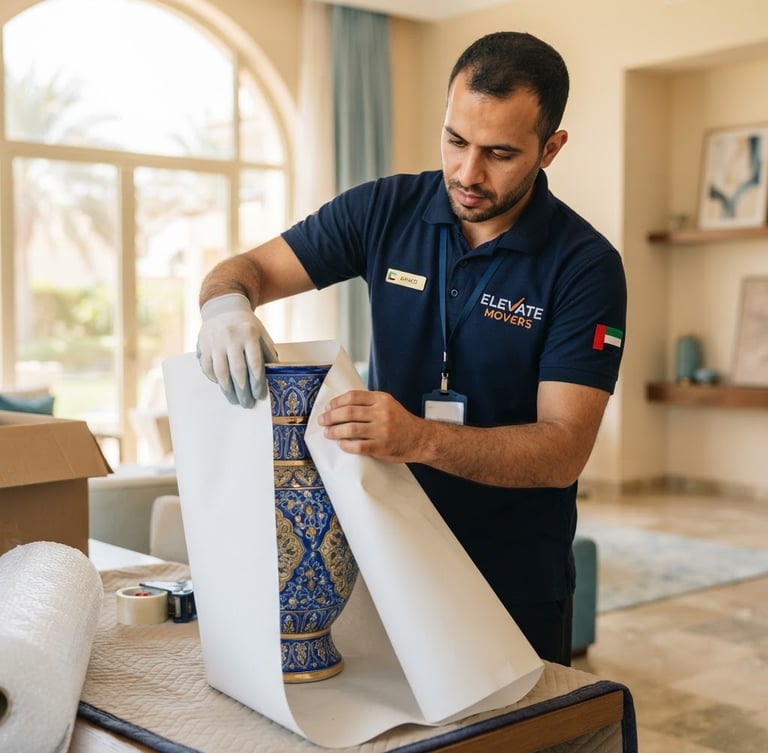 A sharp medium close-up of a uniformed moving crew member in a deep navy polo carefully wrapping a high-value ceramic vase in thick white protective paper inside a bright, sunlit UAE villa interior.