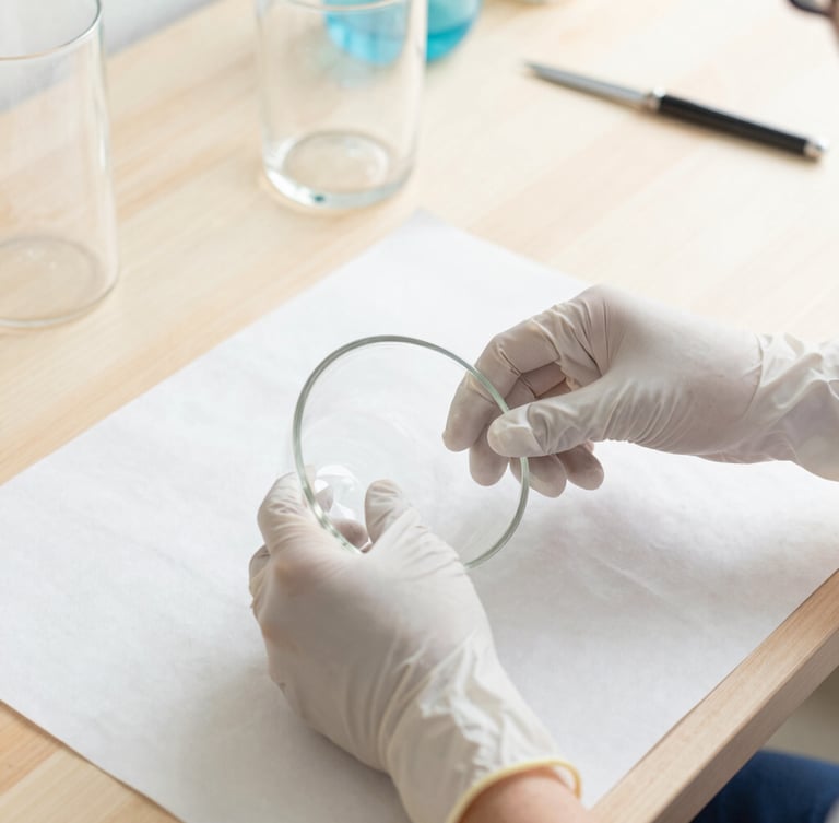 Close-up of professional gloved hands carefully wrapping fragile glassware in thick protective paper, bright natural daylight, clean organized workspace.