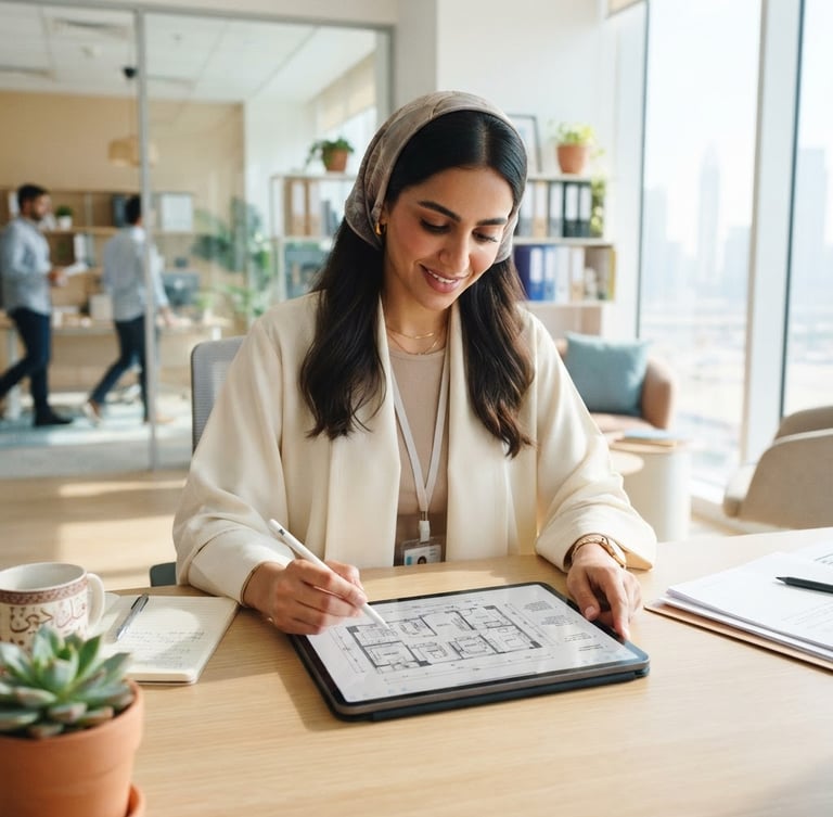 A professional UAE move coordinator in a clean office, reviewing a digital floor plan on a tablet, bright natural daylight, warm sand tones.