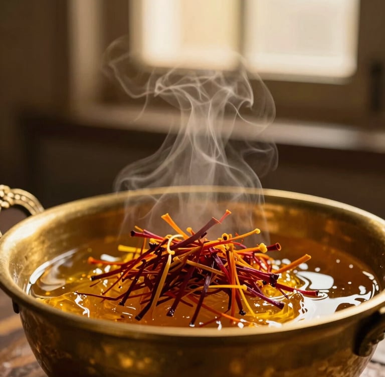 Macro photography of raw saffron threads and golden ghee being stirred in a vintage brass vessel, warm low-contrast steam rising, soft golden hour window light, 35mm film