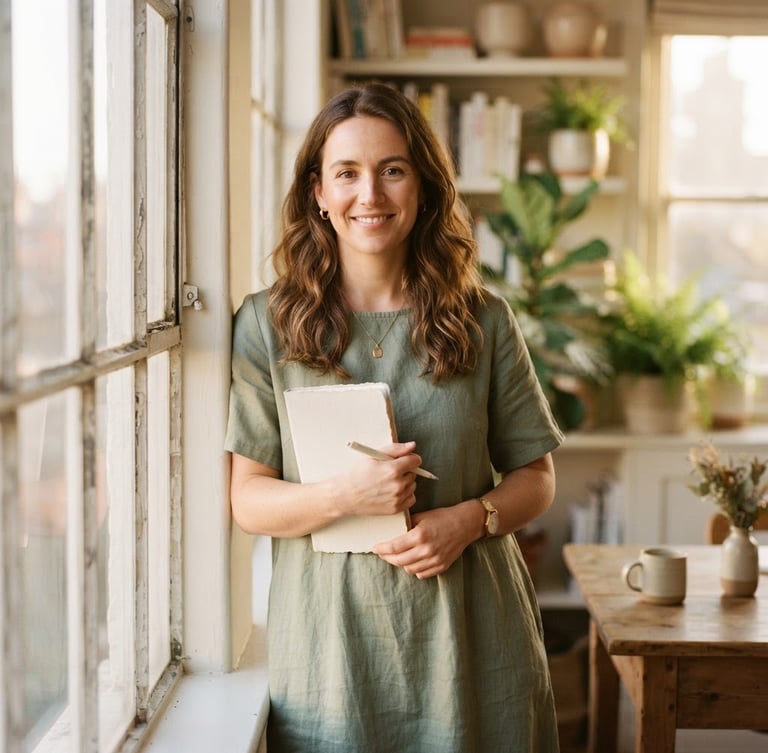 Warm, inviting portrait of a woman (founder) in a soft linen dress, smiling gently, standing by a sunlit window, holding a notebook. Soft golden-hour light, muted cream and sage tones, shallow depth of field, 35mm.
