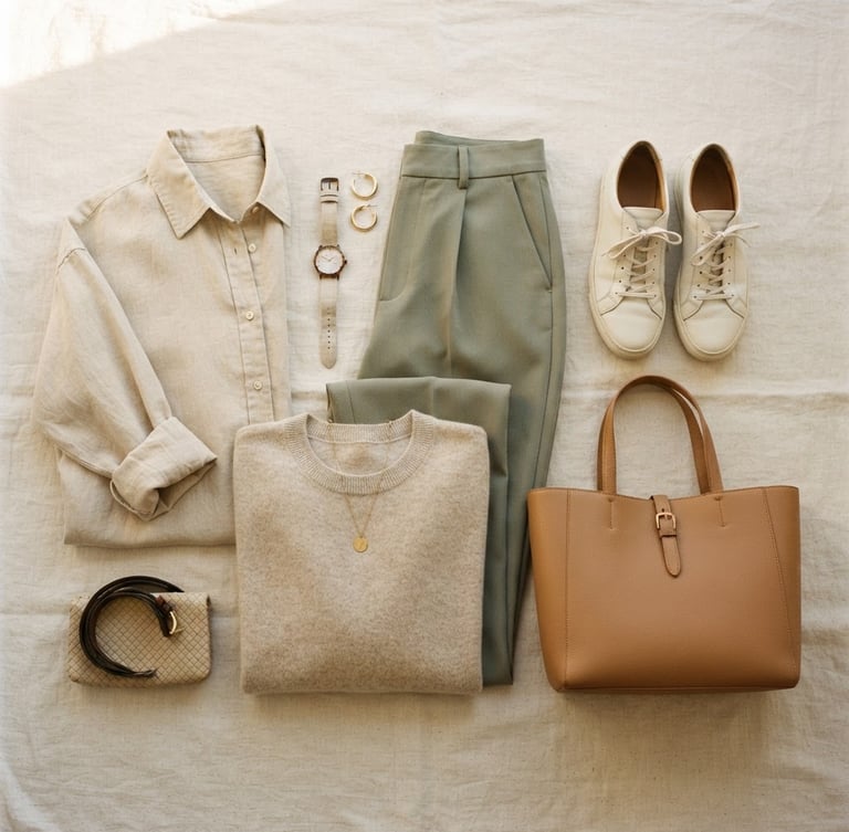 Flat lay of a neutral-toned capsule wardrobe, including a linen shirt, tailored trousers, a simple knit, and classic accessories, arranged neatly on a cream linen background under soft window light, shallow depth of field.