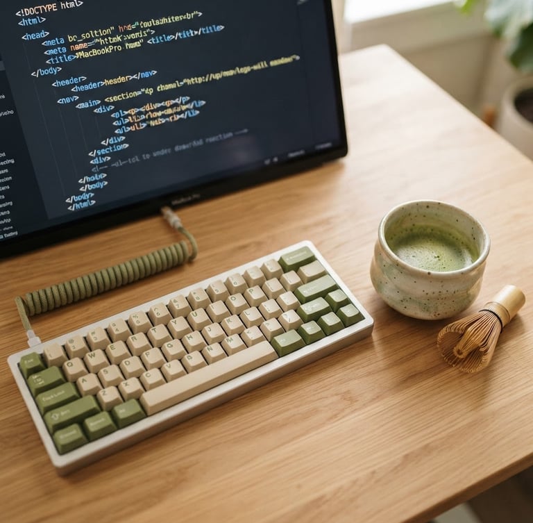 Overhead macro shot of a clean mechanical keyboard, a ceramic matcha teacup, and a laptop screen displaying structured HTML code, soft morning daylight, shallow depth of field.