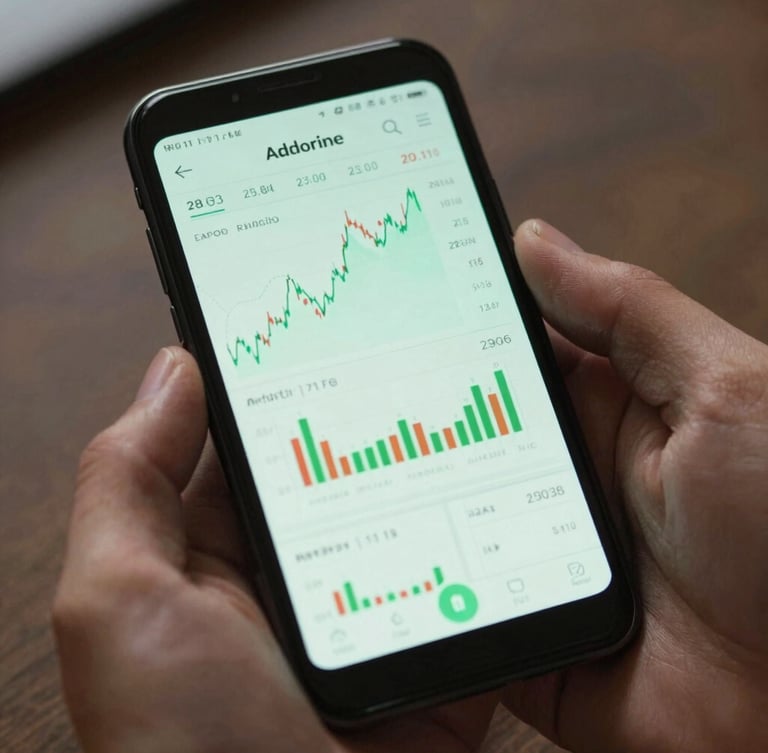 Macro close-up of hands holding an Android phone displaying a zero-lag real-time financial chart, subtle mint-green light reflecting on the screen