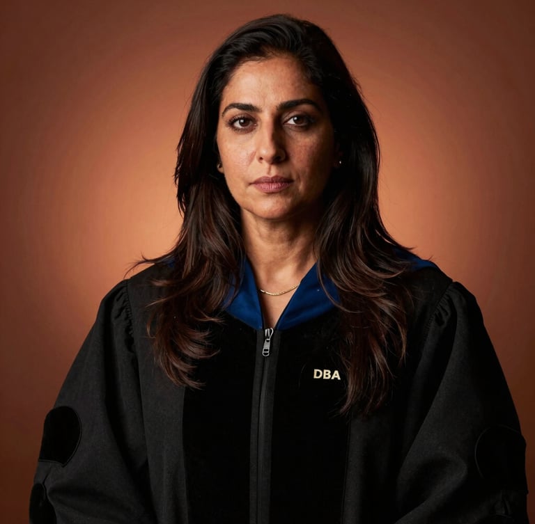 Low-key, high-contrast studio portrait of Dr. Sana Ramzan, DBA, with warm terracotta backlighting, looking forward with professional authority.