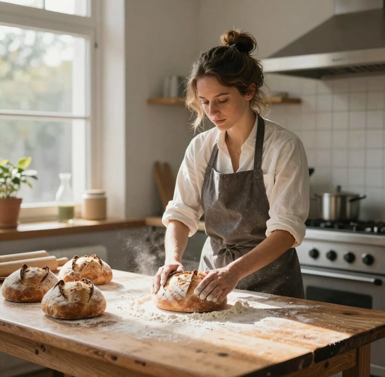 Medium-wide environmental portrait of a local female baker in a bright, sunlit kitchen, dusting flour over freshly baked sourdough bread on a rustic wooden table, natural daylight streaming from a side window.