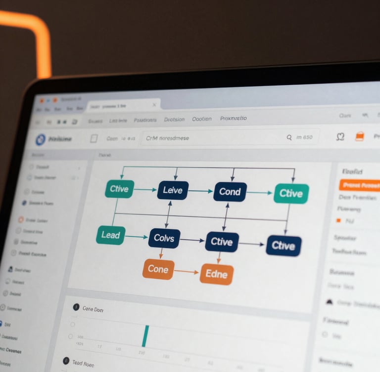 Macro clean interface close-up of a custom CRM pipeline dashboard, showing lead routing nodes and performance metrics, low-key studio lighting with sharp orange rim-lights against a dark background.