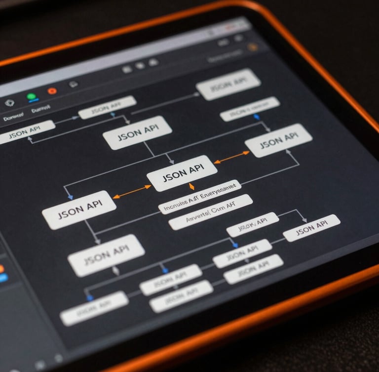 Macro close-up of a dark developer interface showing clean JSON API structures and a pipeline automation flowchart, low-key dark studio lighting with a sharp orange rim light, high contrast