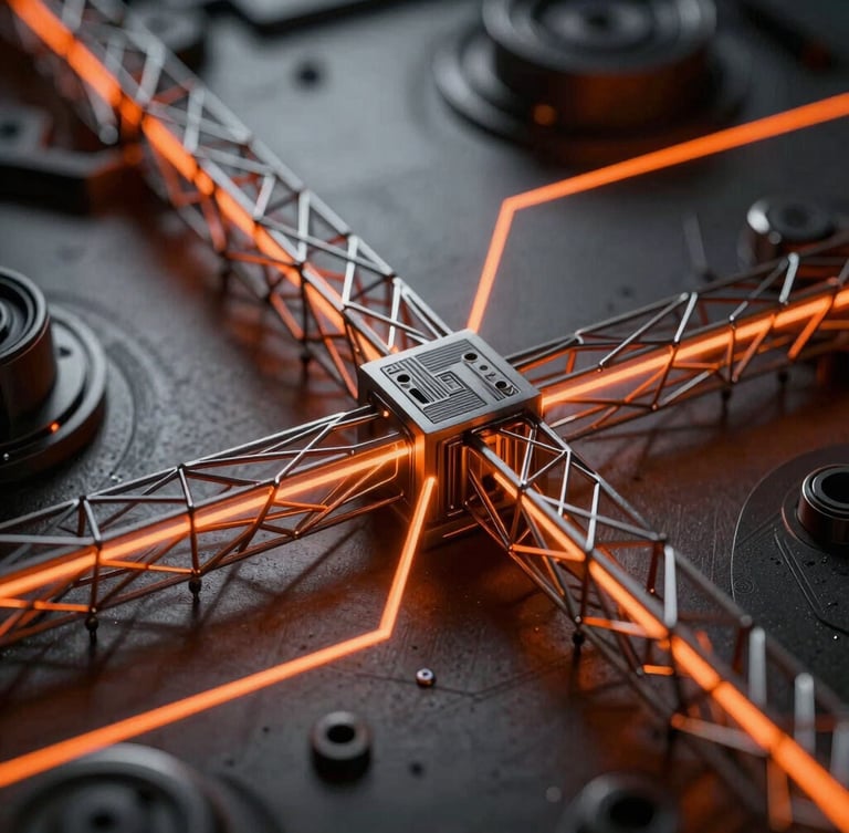 Abstract 3D geometric wireframe representing complex data pipelines, sharp orange laser lines intersecting dark metallic surfaces, high contrast, macro crop.