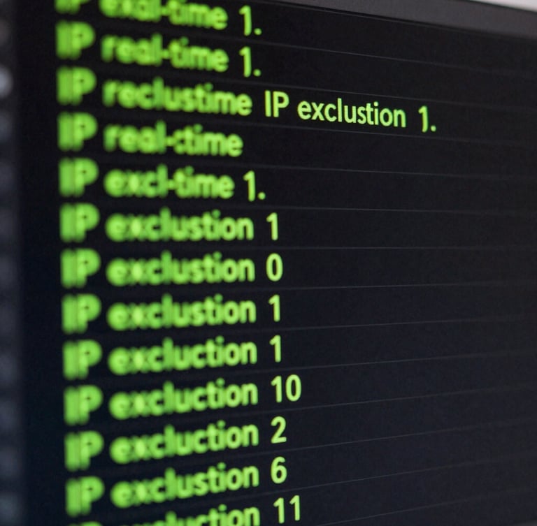 Macro close-up of a dark terminal screen running real-time IP exclusion logs, neon green text on black background