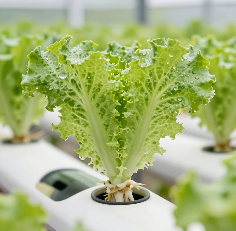 Macro shot of vibrant green lettuce leaves with water droplets, pristine white roots exposed in a clean, high-tech hydroponic system, bright greenhouse light, 35mm lens