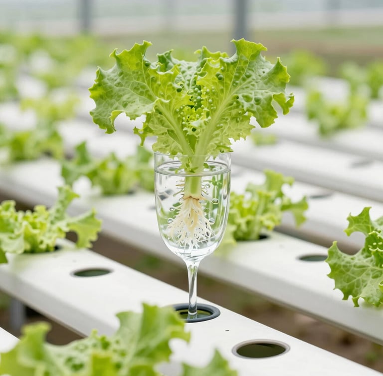 Crisp natural daylight greenhouse, clean white hydroponic channels with vibrant green lettuce roots suspended in pure flowing water, bright agricultural technology photography