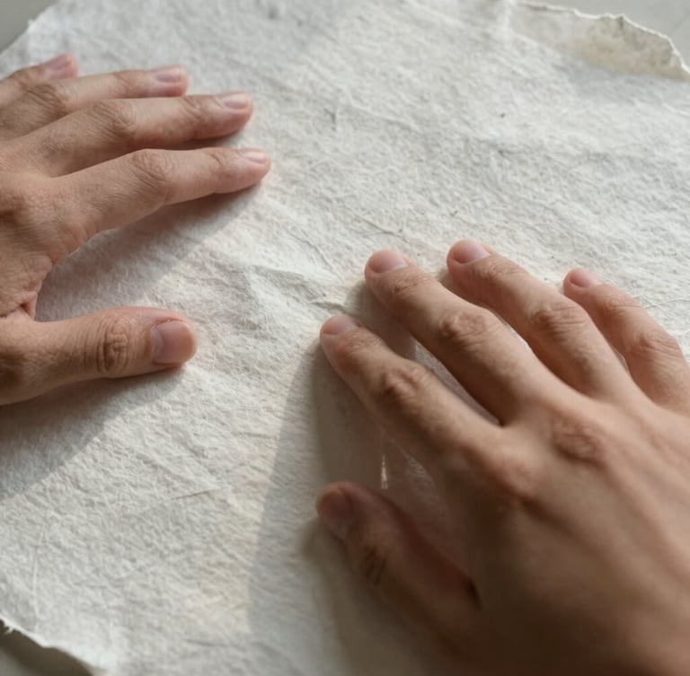 Intimate close-up of hands touching textured heavy cotton paper with soft-edged mountain daylight casting gentle shadows, showing the raw fiber edges.
