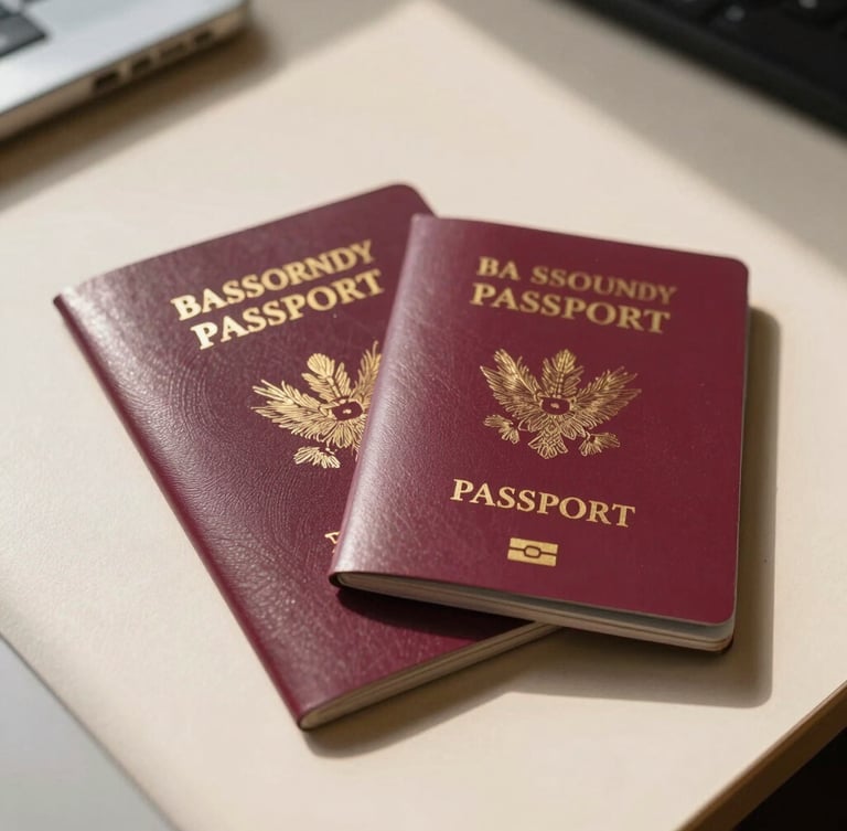 A close-up of a neatly organized citizenship certificate and passport on a warm cream desk under soft natural window light, casting realistic shadows.