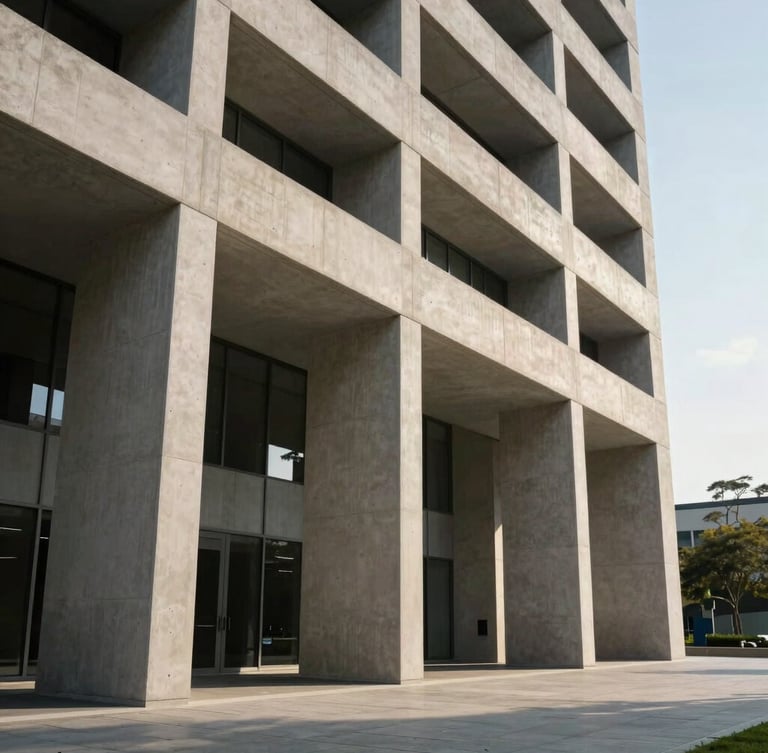 A sharp wide-angle architectural shot of a modern embassy facade, clean geometric concrete lines, natural morning side-light with long crisp shadows.