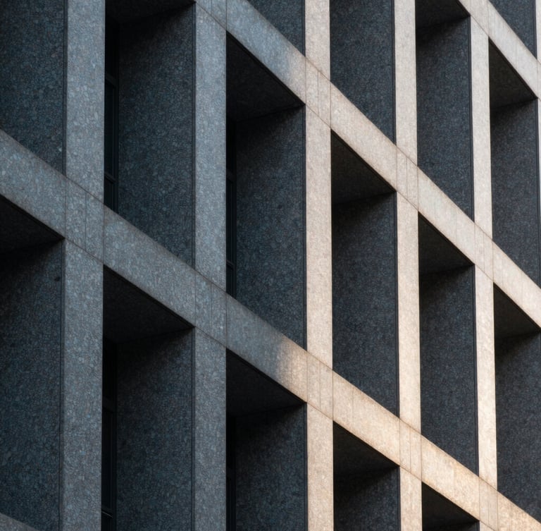 Abstract close-up of a modern granite building facade, sharp architectural lines, deep shadows, cool morning light.