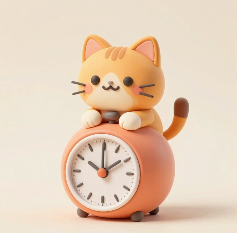 Cute 3D claymorphic orange cat sitting happily on a giant pastel Pomodoro timer, bright studio lighting, playful, soft cream background