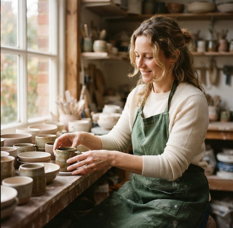 Warm portrait of a relaxed small business owner in a sunlit workshop, organizing physical items, soft focus on hands, 35mm film style.