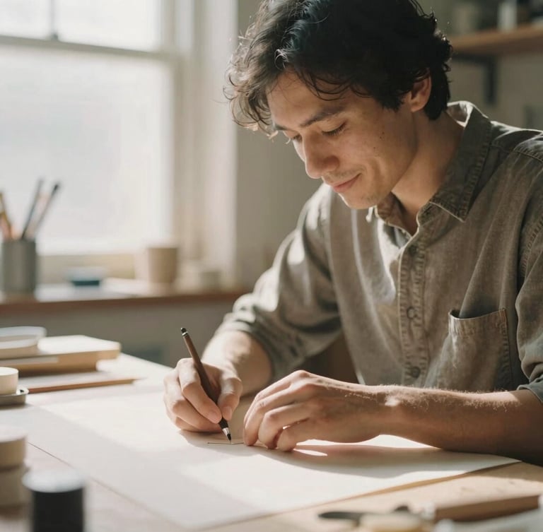 A small business owner in a sunlit workshop, hands working on a craft project, face relaxed and focused, shallow depth of field, warm editorial photography.