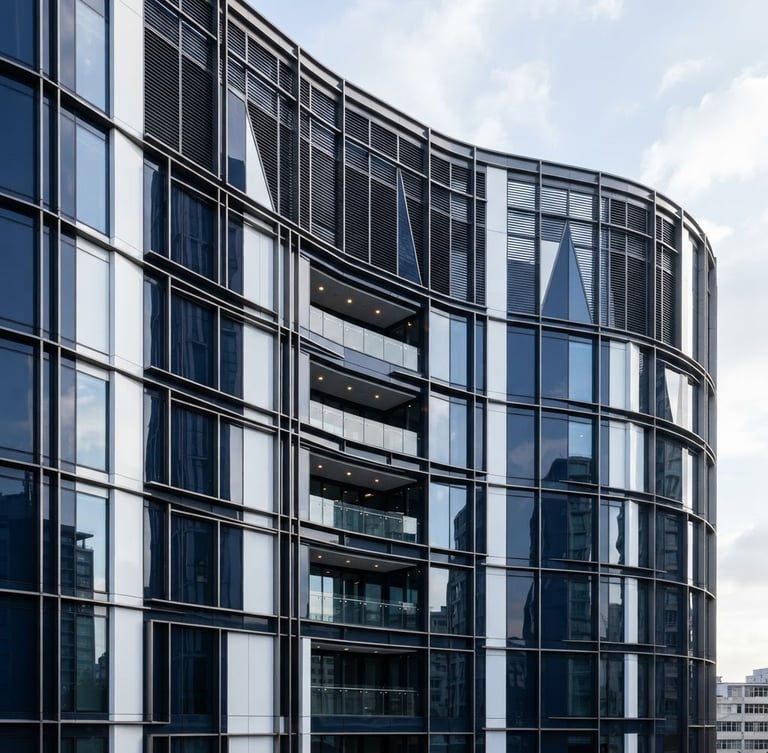 Abstract modern corporate architecture with steel and glass facade, sharp focus, clean office daylight, deep navy tones