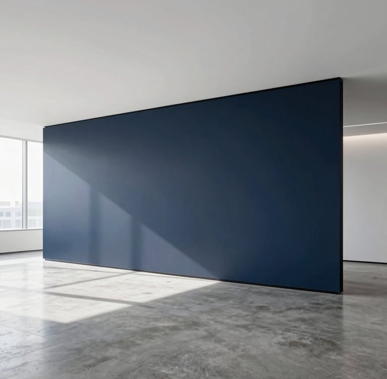 Minimalist high-end office interior with clean lines, polished concrete floor, natural daylight casting soft shadows, professional atmosphere