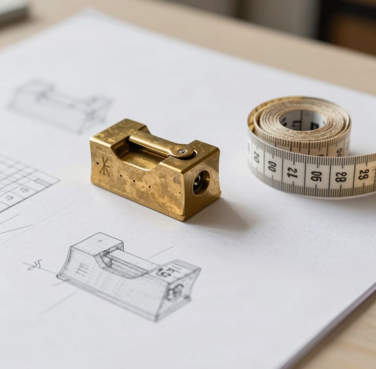 Minimalist studio table with raw pattern drafts, pencil markings, heavy brass paperweight, and a roll of natural cotton measuring tape, soft side lighting