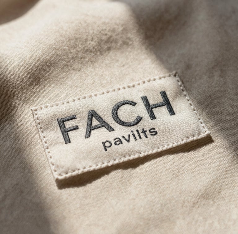Extreme close-up of a heavy linen garment label stitched with minimalist charcoal typography, soft natural window light casting gentle shadows on champagne beige fabric.