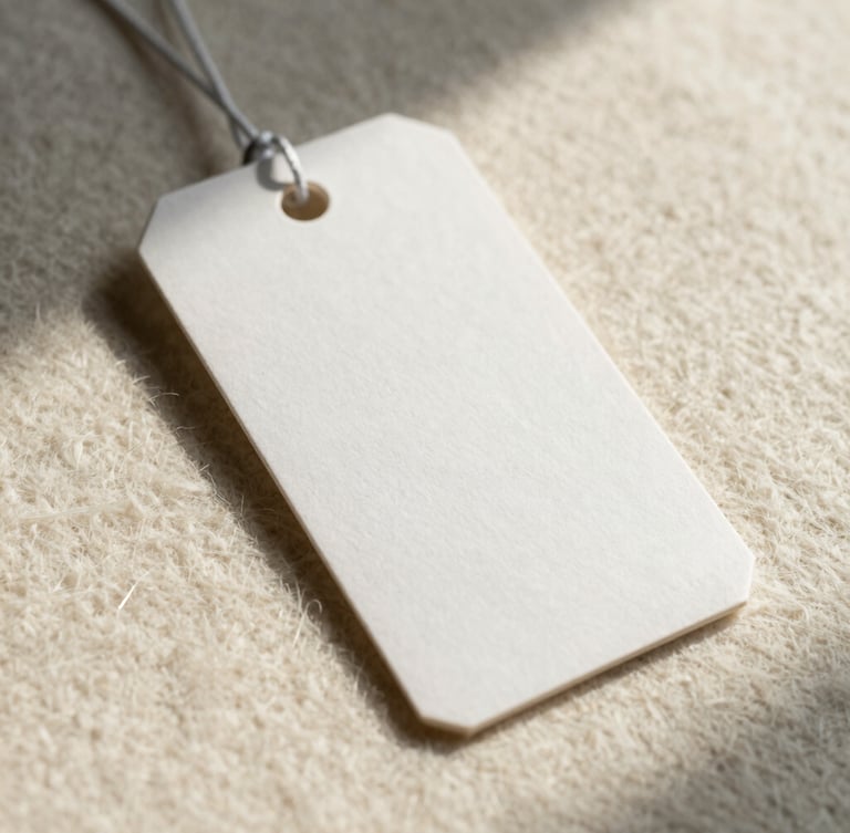 Extreme close-up of a heavy debossed paper hangtag resting on structured ivory wool fabric, soft natural side-light casting gentle shadows.