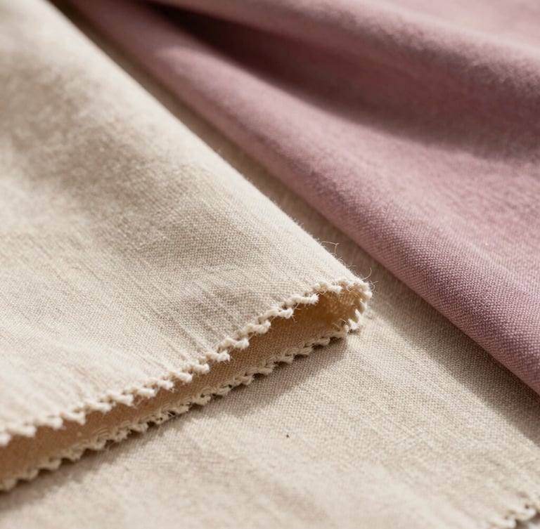 Extreme close-up of heavy linen textile swatches in champagne beige and mauve blush, soft natural morning daylight casting gentle shadows across raw edge threads.