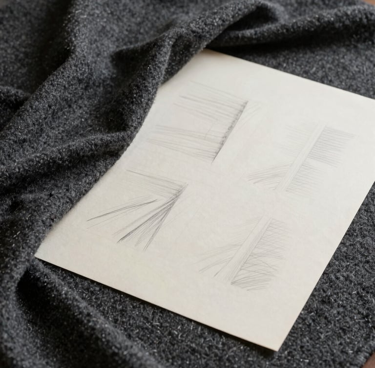 Diffused daylight illuminating raw pattern drafts with hand-drawn pencil markings on heavy cream paper, draped over a structured charcoal wool textile swatch.