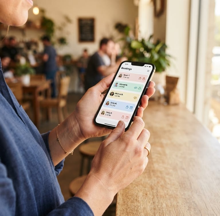 Hands of a local business owner holding a smartphone showing a clean mobile website with incoming booking notifications, warm natural daylight, professional photography