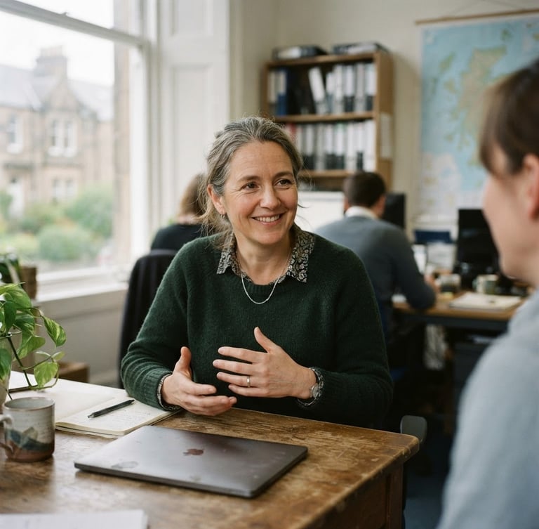 Approachable consultant in an Ayrshire office, soft overcast daylight through a window, shallow depth of field, 35mm