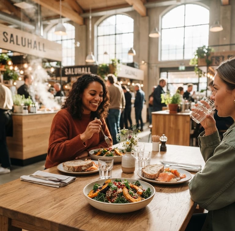 Warm editorial photography of a bustling modern food market hall with Scandinavian design, natural light streaming through high windows, soft focus on wooden tables and fresh plates