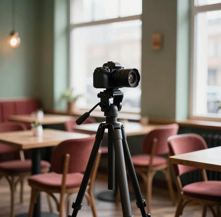 A professional camera on a tripod inside a bright Scandinavian style restaurant, soft natural light, cozy wooden chairs in background