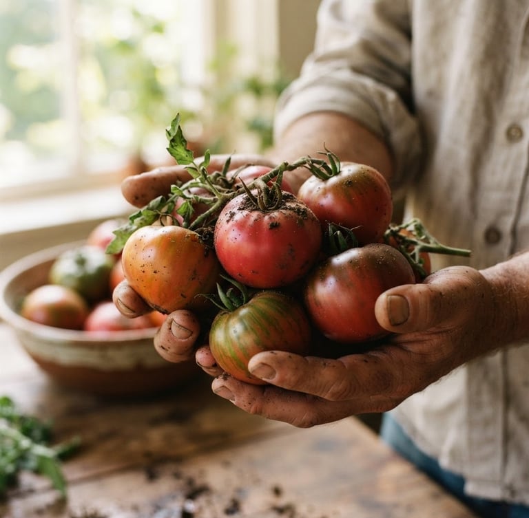 Hands holding freshly harvested organic heirloom tomatoes with soil on them, soft natural window light, 35mm photography, shallow depth of field