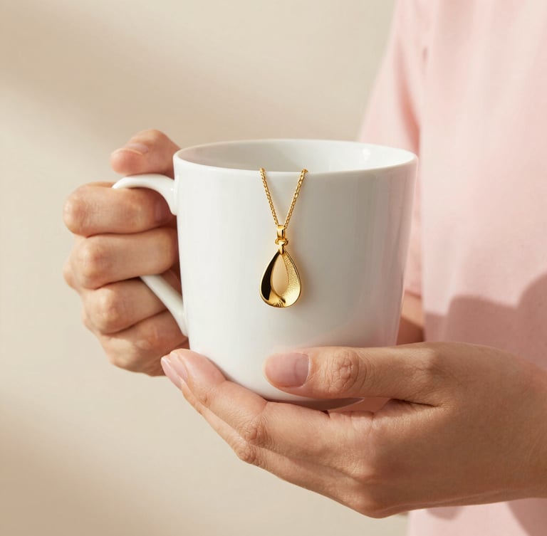 Close-up of hands holding an elegant ceramic mug and styling gold jewelry, warm morning light, pale pink and cream background, 35mm