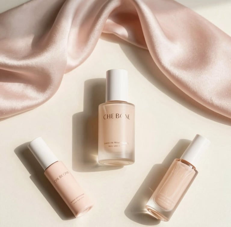 Editorial flat-lay of curated beauty products and elegant silk accessories on a cream background, soft morning light, 35mm