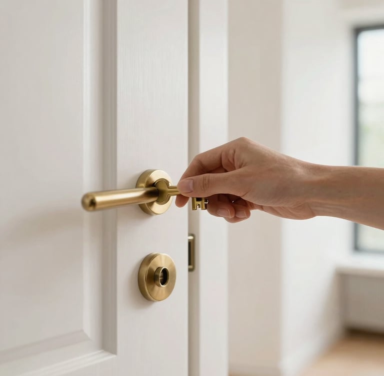 Close-up of a professional hand holding a brass mortice key next to a clean, modern apartment door, soft natural side lighting.