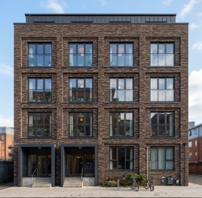 Straight-on architectural photograph of a modern brick residential facade in Manchester, bright natural daylight, clean lines, sharp focus.