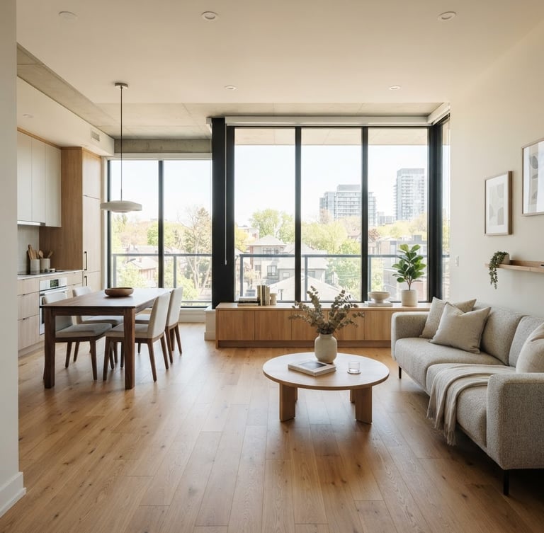 Straight-on architectural view of a bright, modern residential apartment interior, warm wooden floors, soft daylight streaming through large windows, sharp focus, 35mm lens