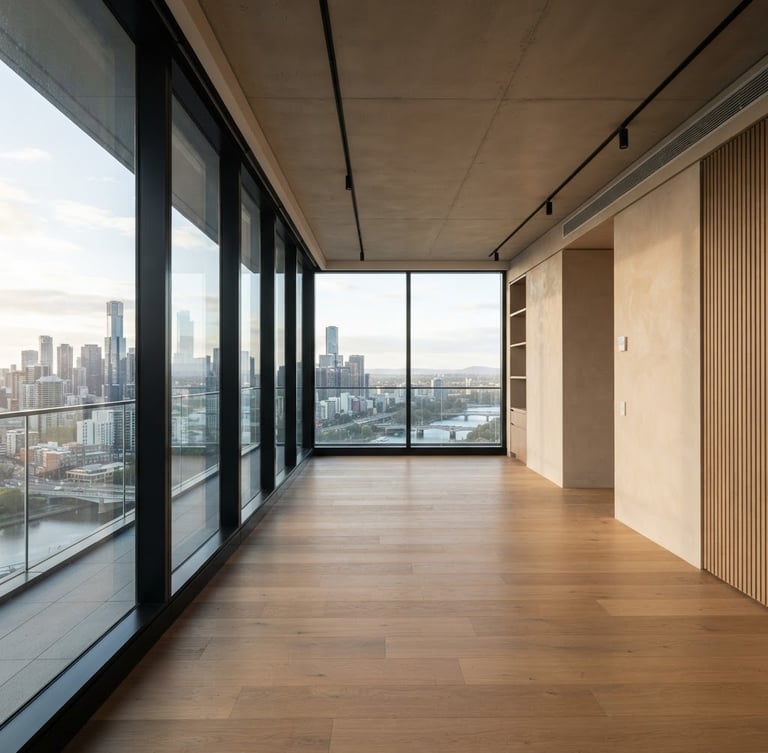 Wide architectural interior of a modern, minimalist living room with large windows, soft morning light, warm neutral tones, a view of a city skyline, 35mm lens. The room is unfurnished, showcasing the finishes.