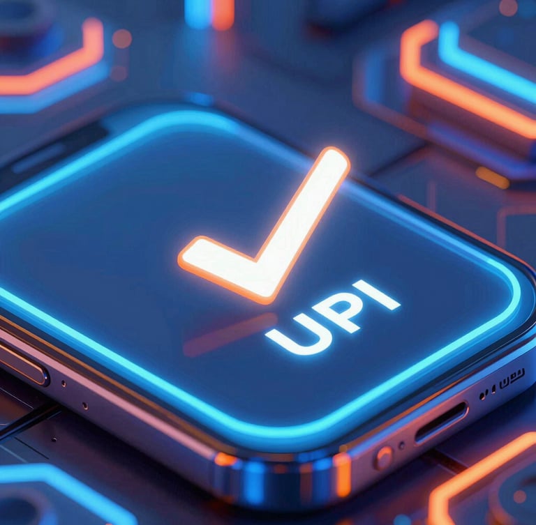 Dynamic macro shot of a smartphone screen showing a successful UPI payment checkmark, neon cybernetic lighting, electric blue and saffron tones, ultra-detailed tech aesthetic